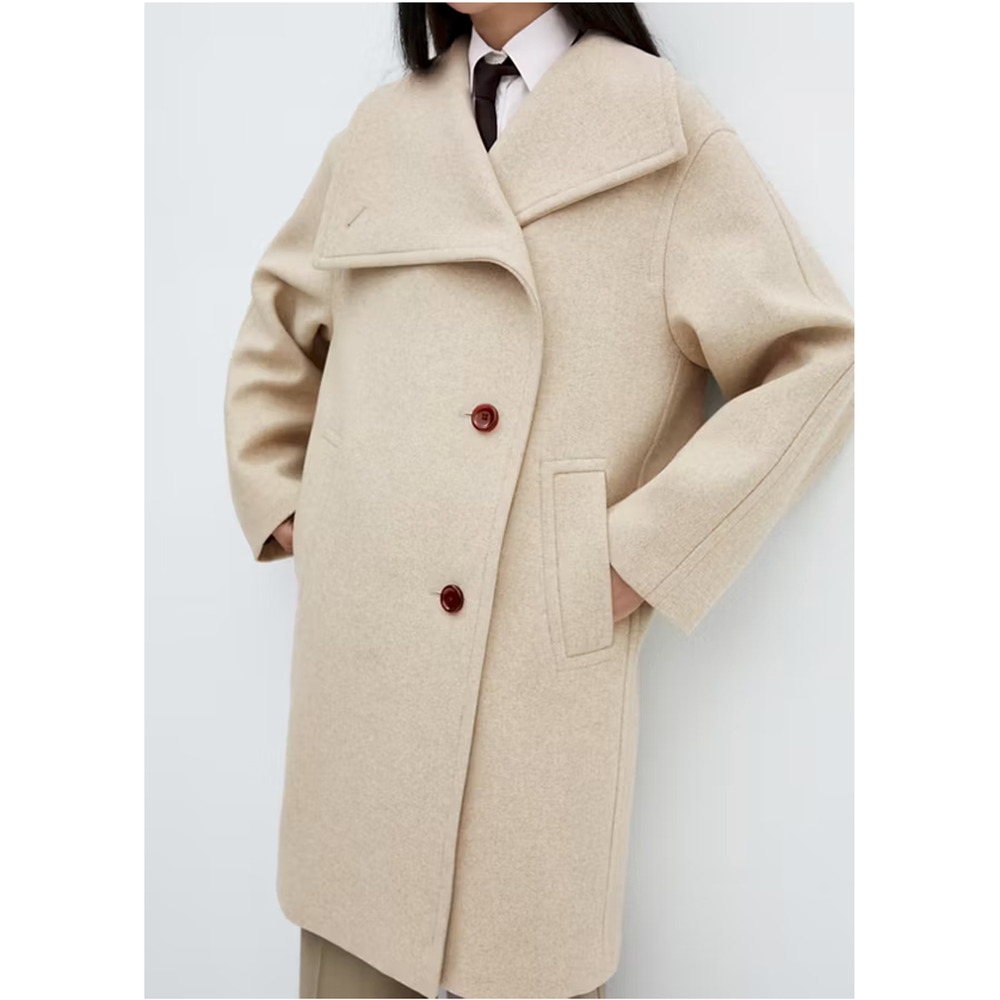 NWT MANGO MNG BEIGE CONGUITO WIDE MAXI LAPEL OVERSIZED WOOL BLEND COAT SZ S